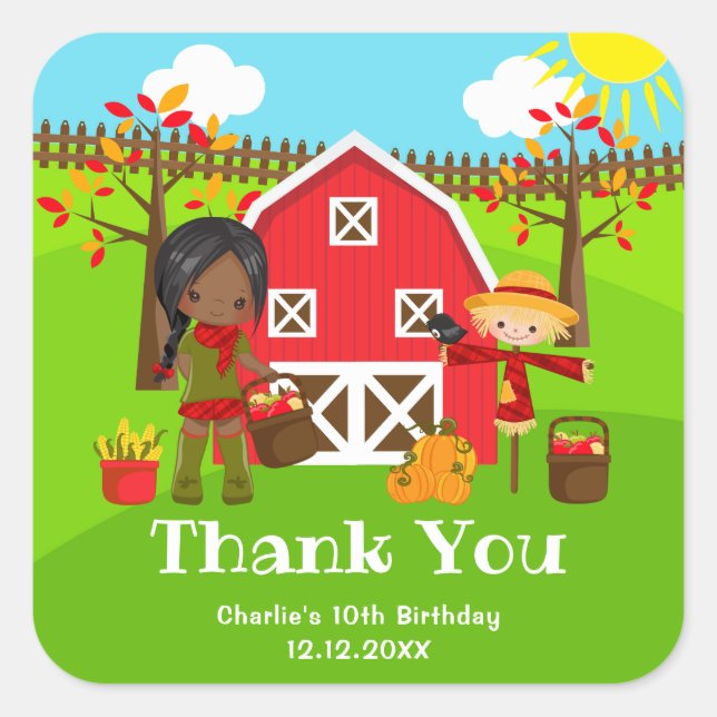 Autumn Barnyard Birthday Dark Skin Girl Danke Quadratischer Aufkleber (Vorderseite)