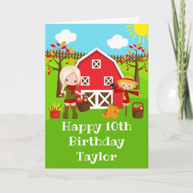 Autumn Barnyard Blonde Hair Girl Happy Birthday Karte (Vorderseite)