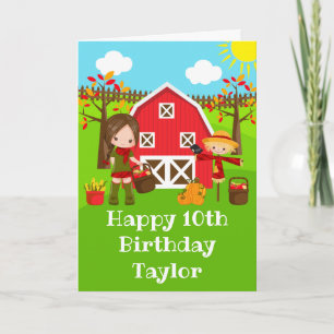 Autumn Barnyard Brown Hair Girl Happy Birthday Karte