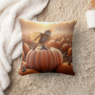 Autumn Bird auf einem Pumpkin singen Kissen