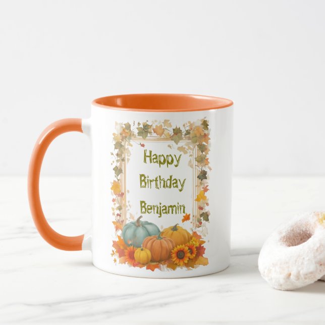 Autumn Birthday Mug Personalized Fall Pumpkins  Tasse (Mit Donut)