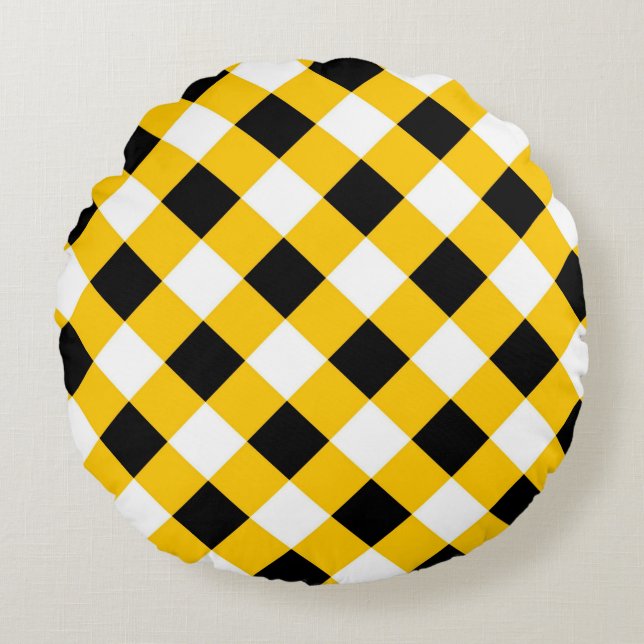 Autumn Black Yellow Checkered Geometric Pattern Rundes Kissen (Vorderseite)