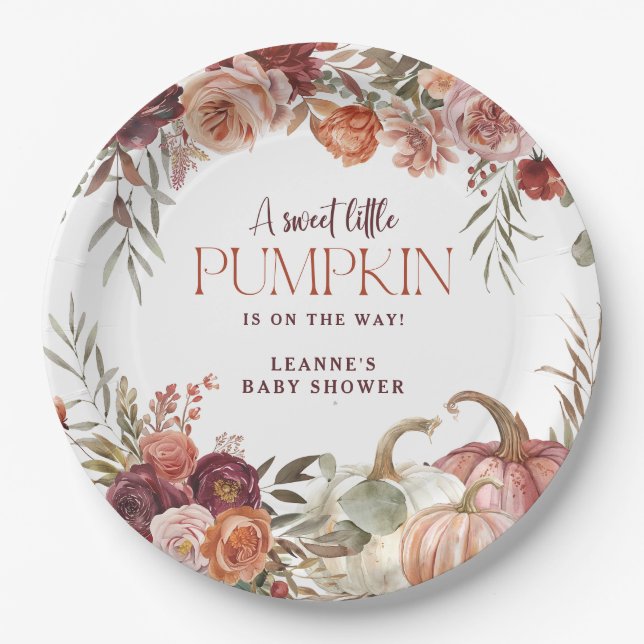 Autumn Blooms 'a little pumpkin' Baby Shower Pappteller (Vorderseite)