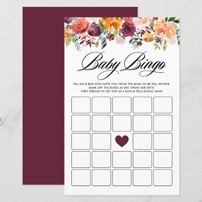 Autumn Blooms Baby Shooter Bingo Game Card (Vorne/Hinten)