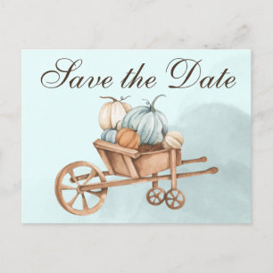 Autumn Blue Pumpkin Wheelbarrow Save the Date Postkarte