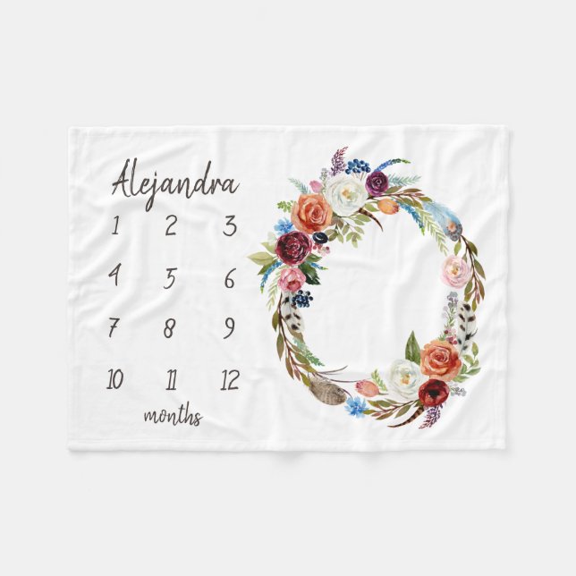 Autumn Boho Blooms Monogram Baby Milestone Foto Fleecedecke (Vorderseite (Horizontal))