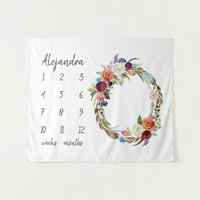 Autumn Boho Blooms Monogram Baby Milestone Foto Wandteppich (Vorderseite (Horizontal))