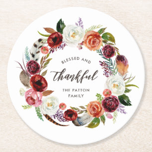 Autumn Boho Blooms Personalisierter Erntedank Runder Pappuntersetzer