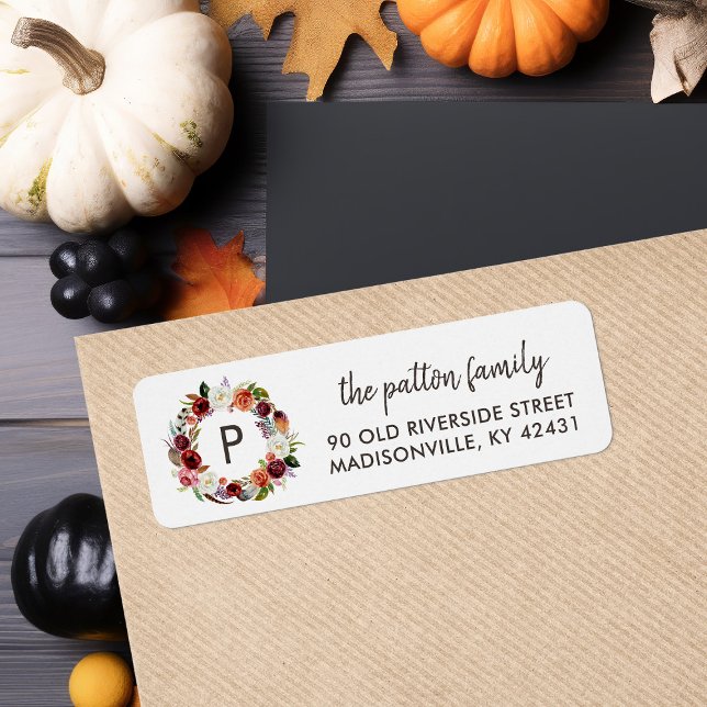 Autumn Boho Blooms Wreath Monogram-Rücksendeadress (Von Creator hochgeladen)
