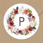 Autumn Boho Blooms Wreath Wedding Monogram Runder Aufkleber<br><div class="desc">Individuell bedruckte Rundaufkleber mit einem bohfarbigen Blumenkranz in rustikalen Herbstfarben. Personalisieren Sie es mit Ihrem ersten oder anderen benutzerdefinierten Text in Monogramm. Verwenden Sie die Designtools, um die Textfarben und Schriftart zu ändern oder eigene Fotos hinzuzufügen, um ein einzigartiges Design zu erstellen. Unsere mit Monogramm Aufkleber eignen sich hervorragend für...</div>
