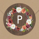 Autumn Boho Blooms Wreath Wedding Monogram Runder Aufkleber<br><div class="desc">Individuell bedruckte Rundaufkleber mit einem bohfarbigen Blumenkranz in rustikalen Herbstfarben auf einem Imitat Holzhintergrund. Personalisieren Sie es mit Ihrem ersten oder anderen benutzerdefinierten Text in Monogramm. Verwenden Sie die Designtools, um die Textfarben und Schriftart zu ändern oder eigene Fotos hinzuzufügen, um ein einzigartiges Design zu erstellen. Unsere mit Monogramm Aufkleber...</div>