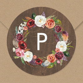 Autumn Boho Blooms Wreath Wedding Monogram Runder Aufkleber
