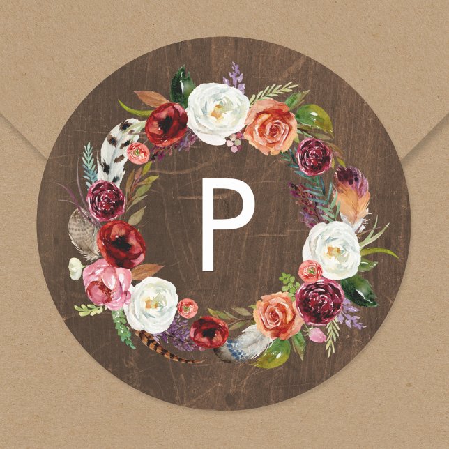 Autumn Boho Blooms Wreath Wedding Monogram Runder Aufkleber (Von Creator hochgeladen)