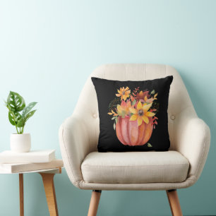 Autumn Boho Watercolor Pumpkin Fall Black Kissen