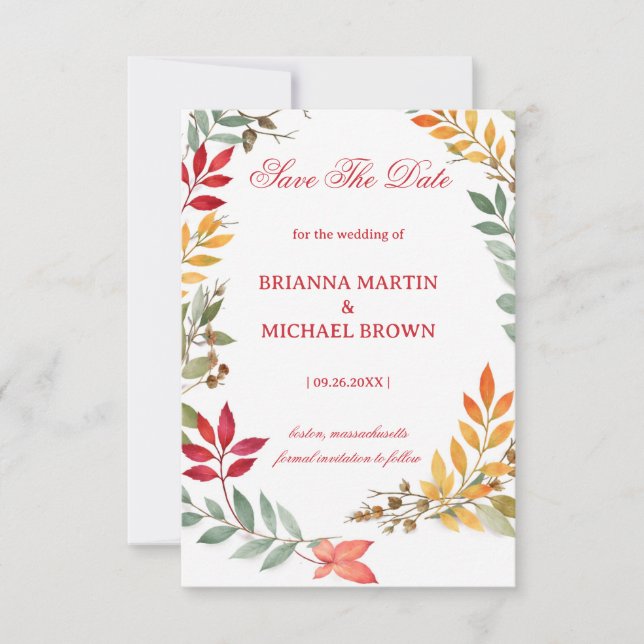 Autumn Botanical Leaves Frame Save The Date (Vorderseite)