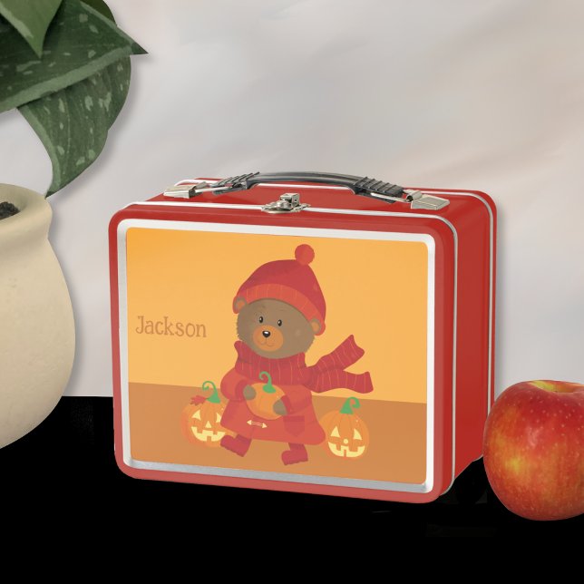 Autumn Brown Bar Kid Orange Metal Lunchbox (Brown bear kid lunch box with name .)