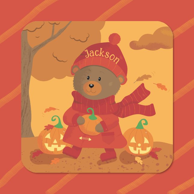 Autumn Brown Bär Kid Sticker (Cute brown bear with pumpkin kid autumn sticker .)