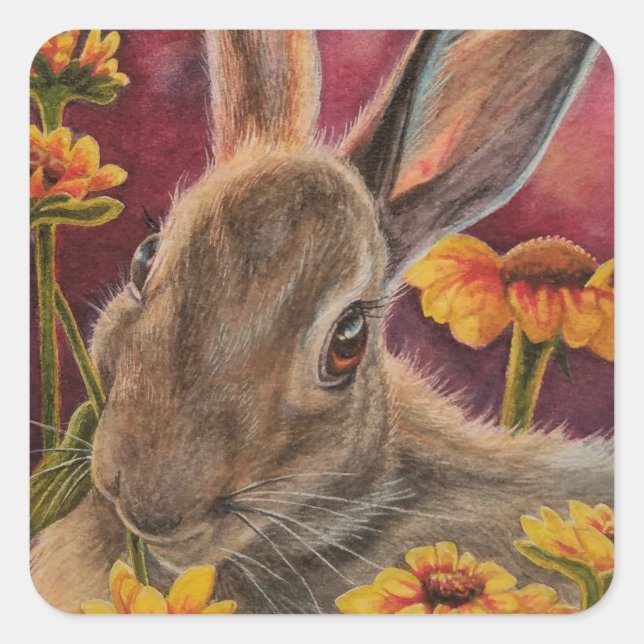 Autumn Bunny Rabbit Yellow Flowers Quadratischer Aufkleber (Vorderseite)