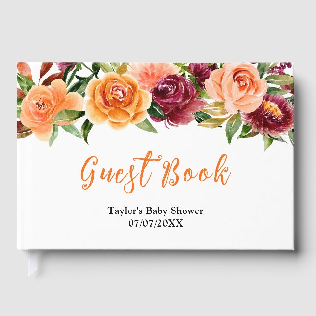 Autumn Burgundy and Orange Floral Baby Shower Gästebuch (Vorderseite)