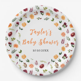 Autumn Burgundy and Orange Floral Baby Shower Pappteller