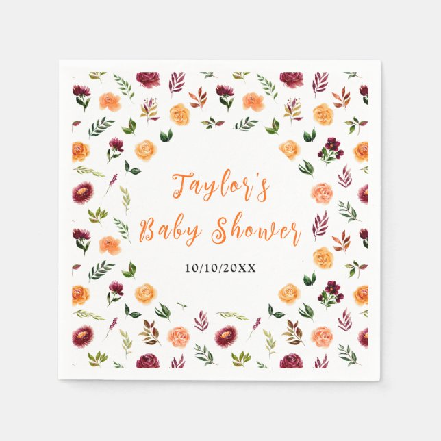 Autumn Burgundy and Orange Floral Baby Shower Serviette (Vorderseite)
