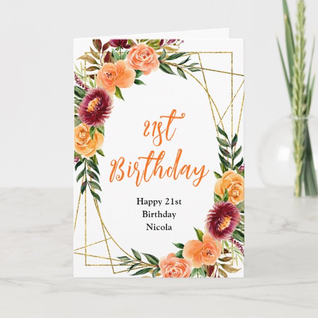 Autumn Burgundy and Orange Floral Birthday Karte (Vorderseite)