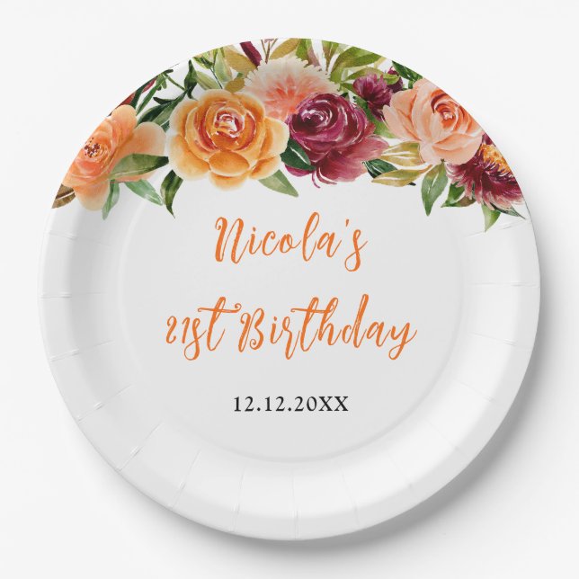 Autumn Burgundy and Orange Floral Birthday Pappteller (Vorderseite)