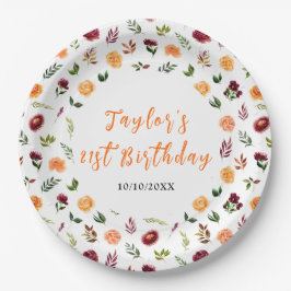 Autumn Burgundy and Orange Floral Birthday Pappteller