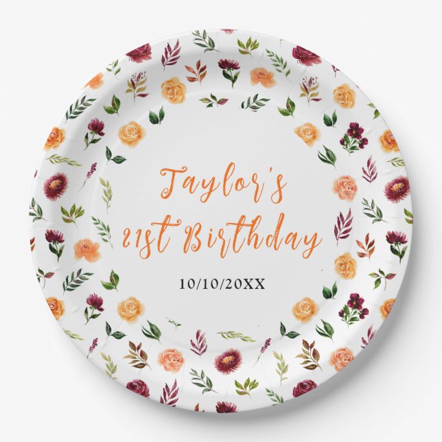 Autumn Burgundy and Orange Floral Birthday Pappteller (Vorderseite)