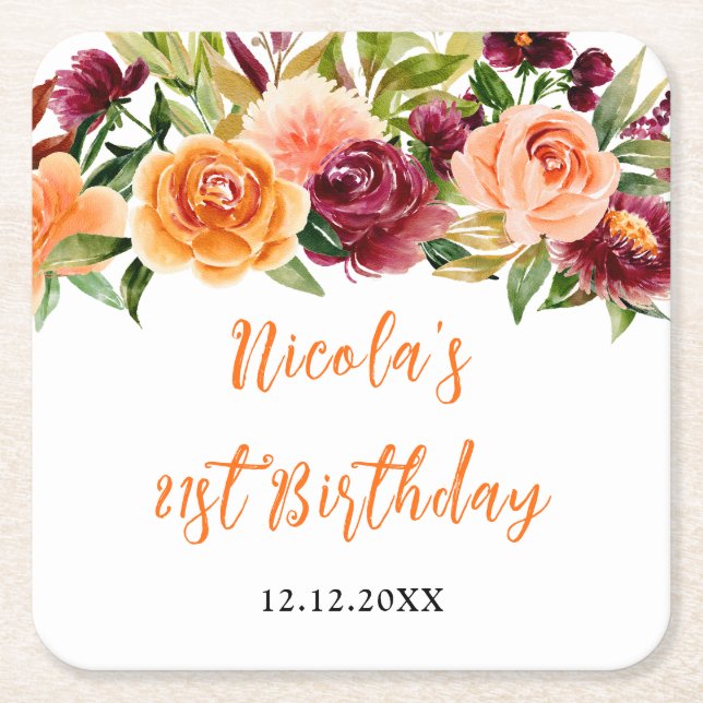 Autumn Burgundy and Orange Floral Birthday Rechteckiger Pappuntersetzer (Vorderseite)