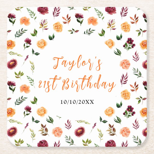 Autumn Burgundy and Orange Floral Birthday Rechteckiger Pappuntersetzer (Vorderseite)