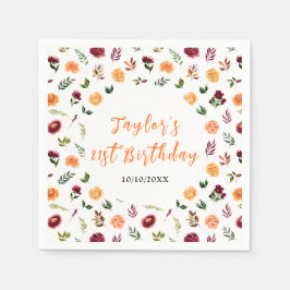 Autumn Burgundy and Orange Floral Birthday Serviette
