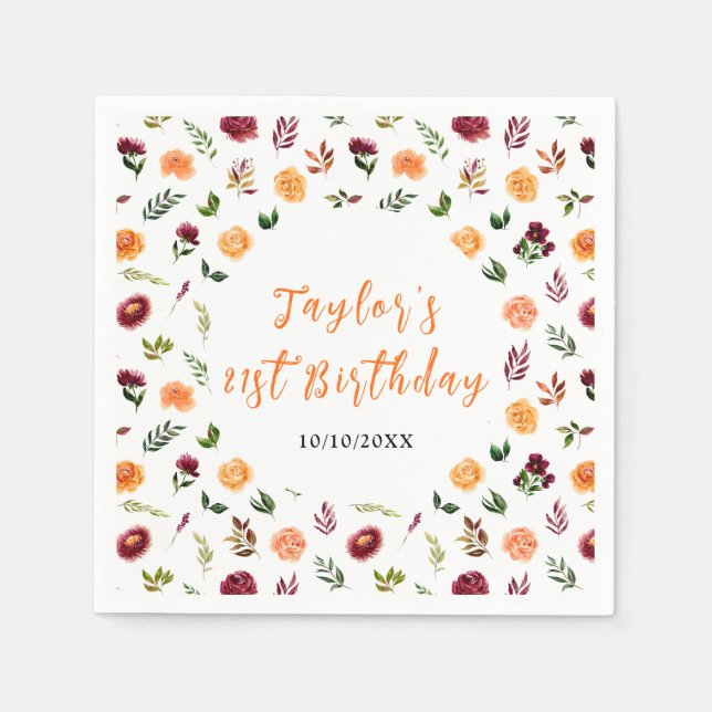 Autumn Burgundy and Orange Floral Birthday Serviette (Vorderseite)