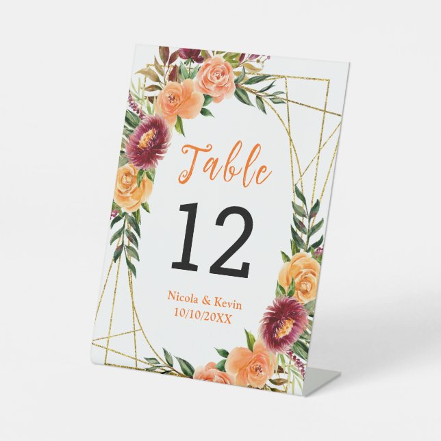 Autumn Burgundy Orange Floral Wedding Table Number Sockelschild (Vorderseite)