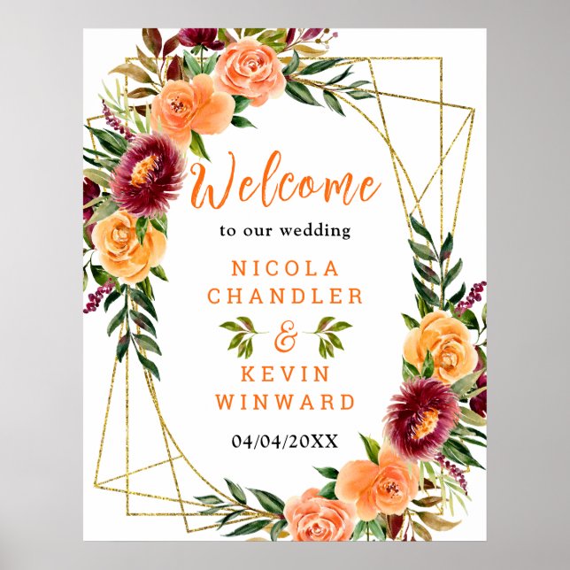Autumn Burgundy Orange Floral Wedding Welcome Sign Poster (Vorne)
