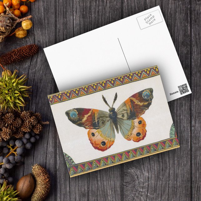 Autumn Butterfly Postcard Postkarte (Monarch butterfly browns, blues, oranges with abstract border on postcard.)