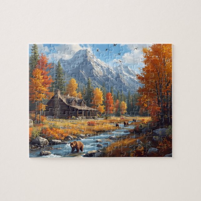Autumn Cabin Bears River Mountain Landscape Puzzle (Horizontal)