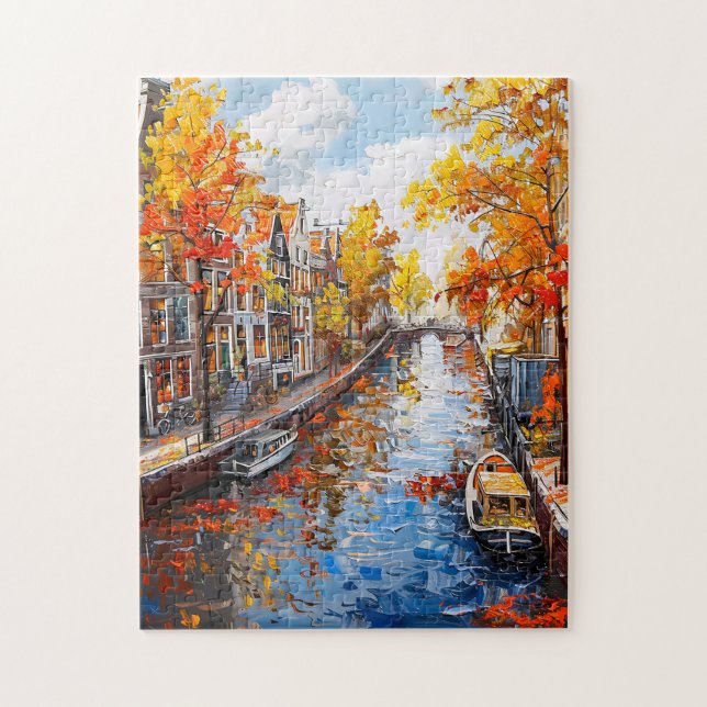 Autumn Canal with Boats and Colorful Houses Painti Puzzle (Vertikal)