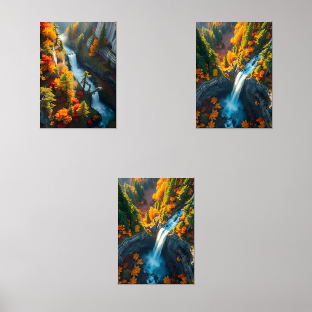 Autumn Canyon Waterfall – Vibrant Fall Forest Land Bilderwand Sets (Vorderseite)