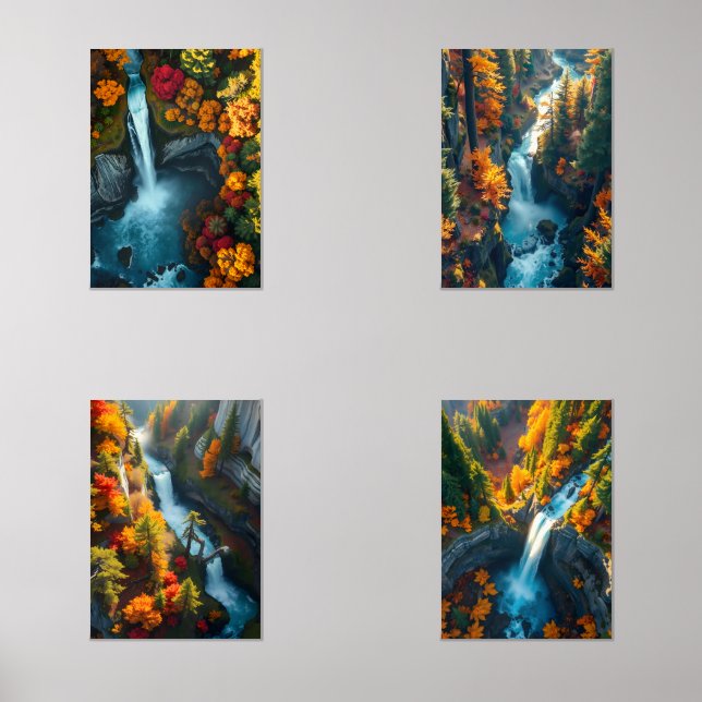 Autumn Canyon Waterfall – Vibrant Fall Forest Land Bilderwand Sets (Vorderseite)
