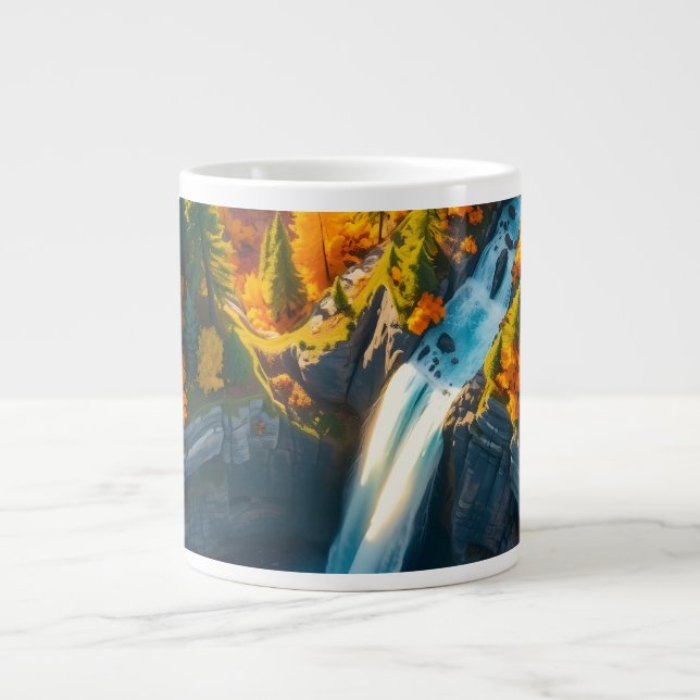 Autumn Canyon Waterfall – Vibrant Fall Forest Land Jumbo-Tasse (Vorderseite)