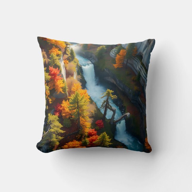 Autumn Canyon Waterfall – Vibrant Fall Forest Land Kissen (Vorderseite)