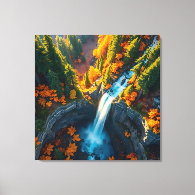 Autumn Canyon Waterfall – Vibrant Fall Forest Land Leinwanddruck (Vorderseite)