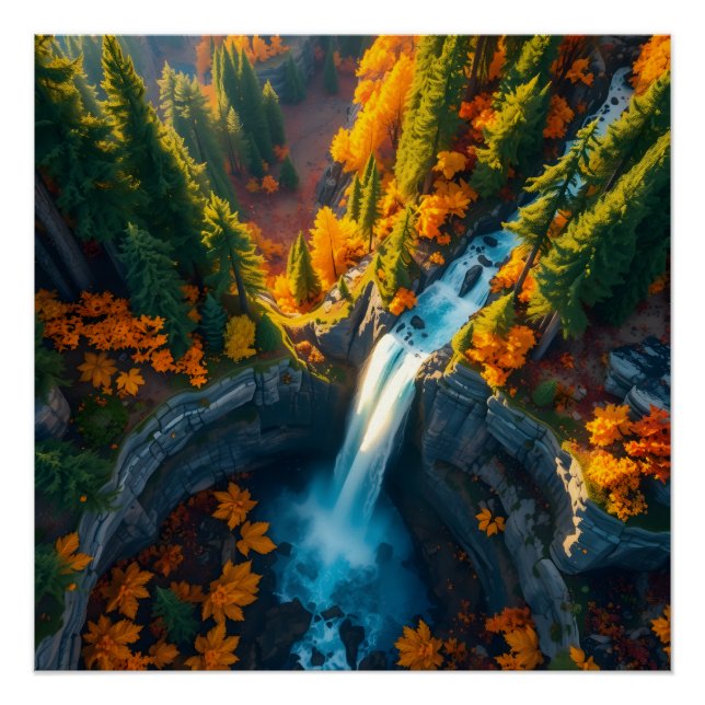 Autumn Canyon Waterfall – Vibrant Fall Forest Land Poster (Vorderseite)