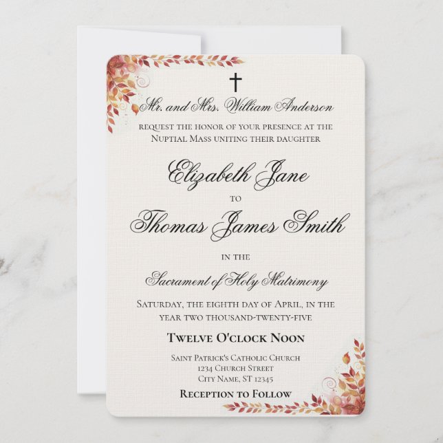 Autumn Catholic Red and Gold Wedding Invitation Einladung (Vorderseite)