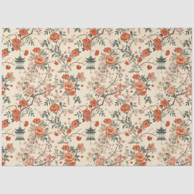 Autumn Cream Orange Floral Chinoiserie Seidenpapier (Vorderseite)