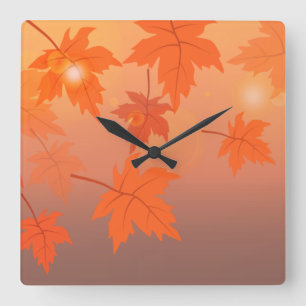 Autumn design with maple leaves and bokeh effect quadratische wanduhr