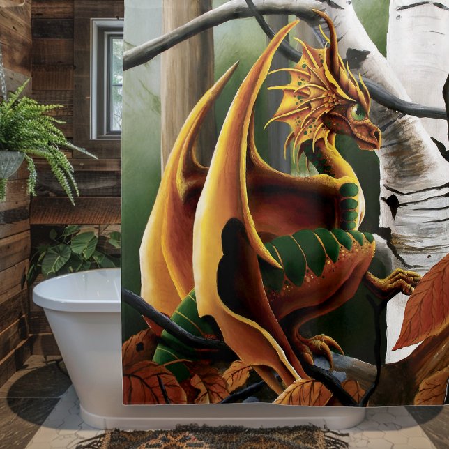 Autumn Dragon Orange Green Fantasy Duschvorhang (Von Creator hochgeladen)