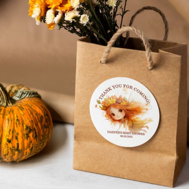 Autumn Fairy Woodland Baby Shower Runder Aufkleber (Step into an enchanting autumn forest where fairies flutter, and woodland creatures play. )