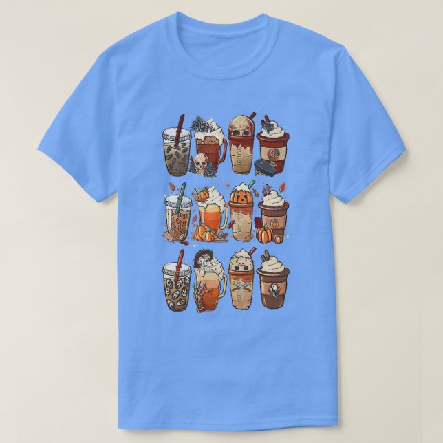 Autumn Fall Coffee Latte Cups Horrors & Ghost Hall T-Shirt (Design vorne)